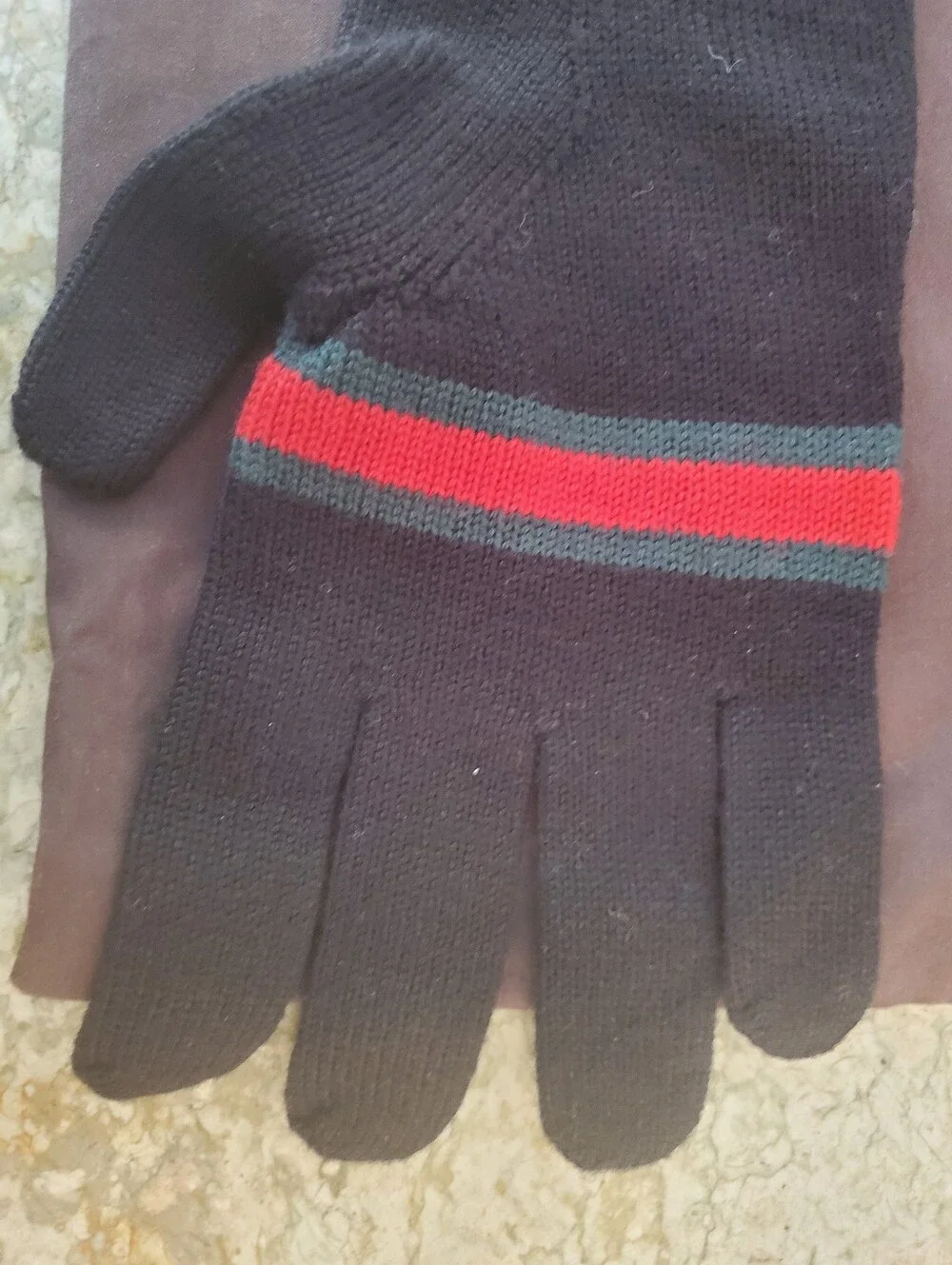Gucci Black Knit Gloves with Red & Green Stripe